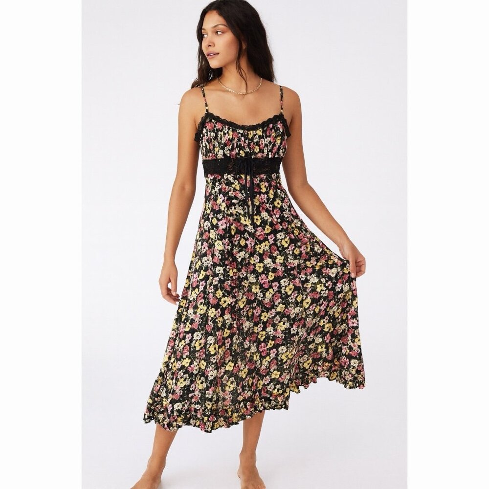 FOREVER 21 Women’s Black Ditsy Floral Midi Dress Small Y2K Dark Boho Feminine
